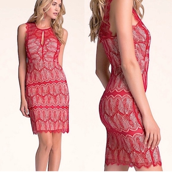 Bebe Red Lace Overlay Bodycon Dress Sz S - Picture 3 of 10